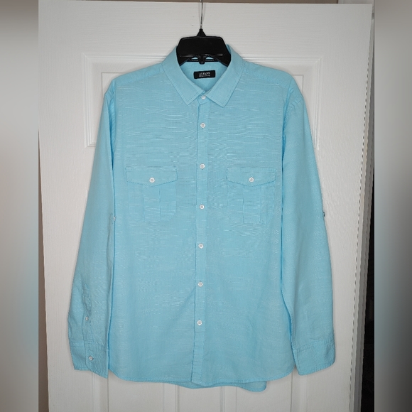ALFANI REGULAR FIT BUTTON DOWN SHIRT WITH ROLL TABS, 2 POCKET, AQUA SIZE L - Picture 2 of 7